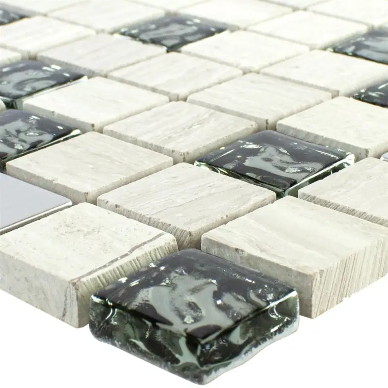 Zertifiziert Glas Naturstein Metall Mosaikfliese Fulda Grau Silber