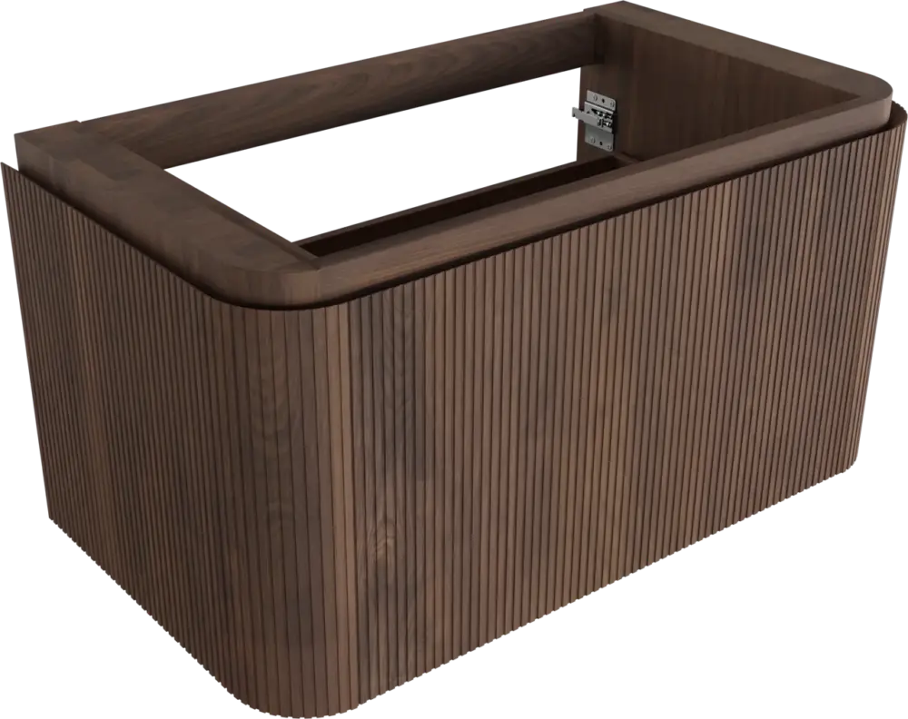 Balmani Moon hängender Waschbeckenunterschrank: 100 x 55 cm, amerikanischer Nussbaum, 2 Schubladen, Vert. Sym. Rippe Begrenztes Angebot