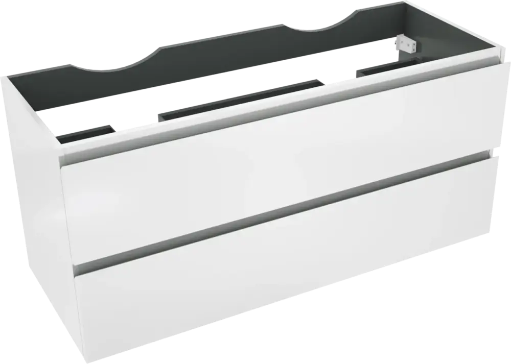 Linie Lado hängender Waschbeckenunterschrank: 120 x 46 cm, Weiß Glänzend, 2 Schubladen, 2 Siphonaussparungen Direktkauf
