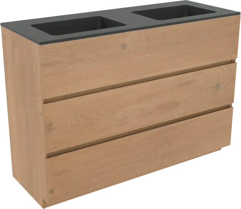 Meistverkauft Storke Edge freistehendes Möbelstück Set: 120 x 46 cm, Rohe Eiche, mit Scuro Doppelwaschtisch, Quarz Schwarz matt