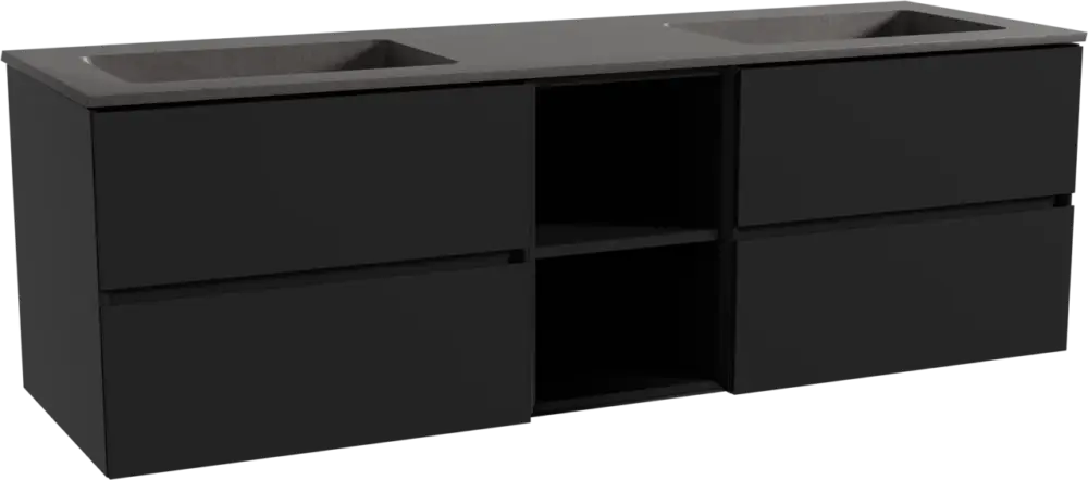 Neue Kollektion Storke Edge hängendes Möbelstück Set: 165 x 52 cm, Schwarz matt, mit Scuro Doppelwaschtisch, Quarz Schwarz matt