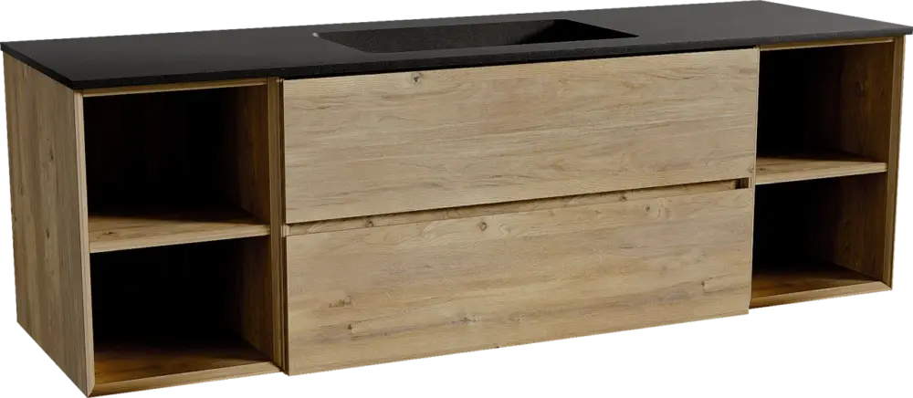 Storke Edge hängendes Möbelstück Set: 165 x 52 cm, Rohe Eiche, mit Scuro Einzelwaschtisch, Quarz Schwarz matt Letzte Chance