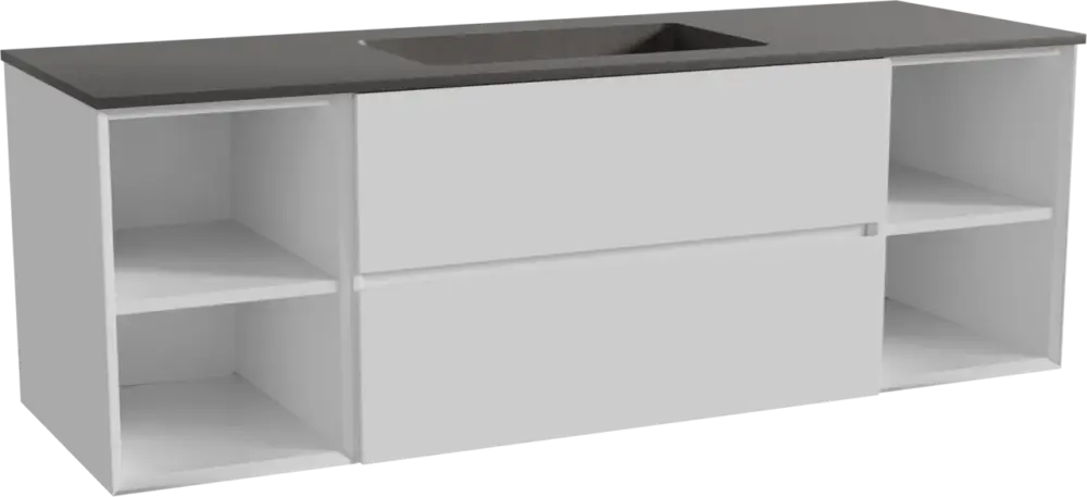 Begrenztes Angebot Storke Edge hängendes Möbelstück Set: 155 x 52 cm, Weiß glänzend, mit Scuro Einzelwaschtisch, Quarz Schwarz matt