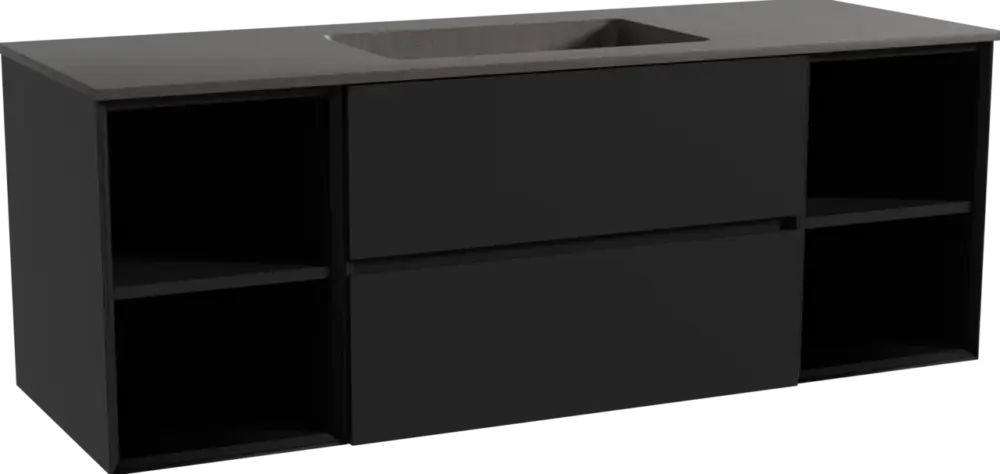 Direkt Vom Hersteller Storke Edge hängendes Möbelstück Set: 145 x 52 cm, Schwarz matt, mit Scuro Einzelwaschtisch, Quarz Schwarz matt