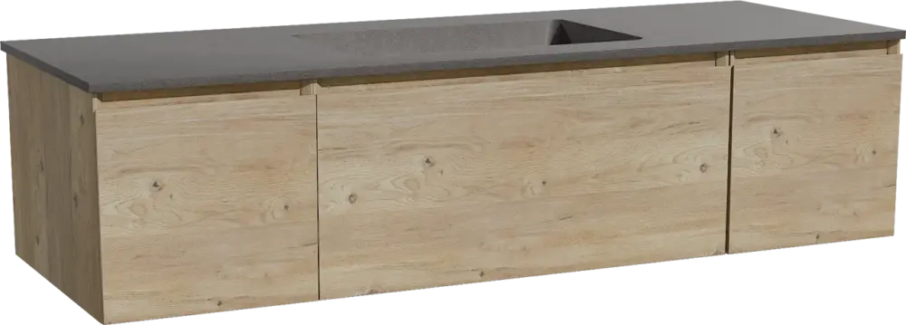 Sale Storke Edge hängendes Möbelstück Set: 145 x 52 cm, Rohe Eiche, mit Scuro Einzelwaschtisch, Quarz Schwarz matt
