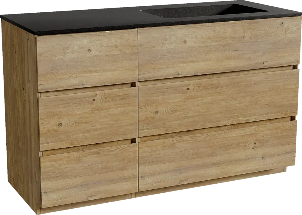 Bestseller Storke Edge freistehendes Möbelstück Set: 130 x 52 cm, Rohe Eiche, mit Scuro Waschtisch rechts, Quarz Schwarz matt