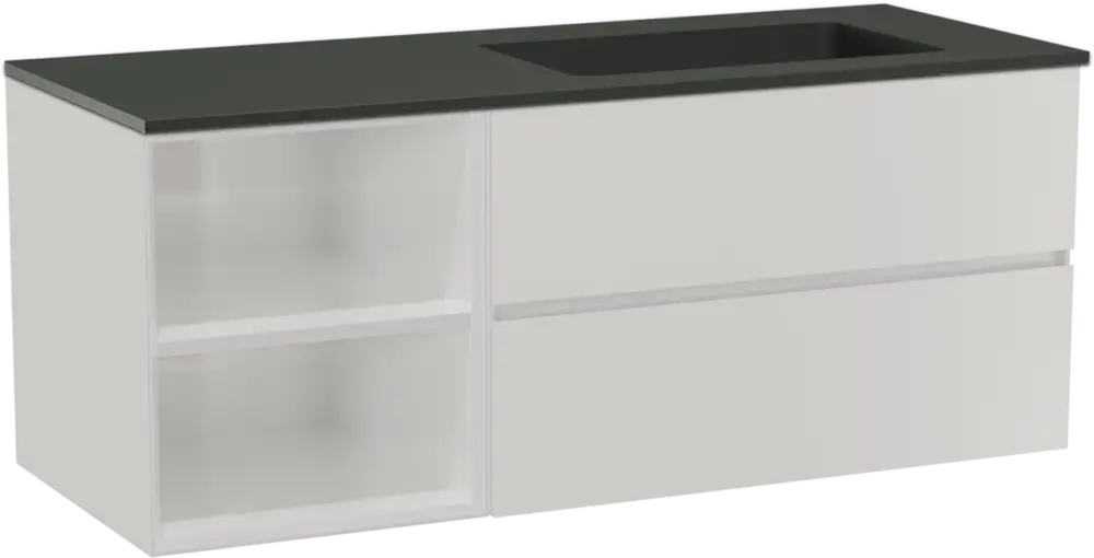 Storke Edge hängendes Möbelstück Set: 130 x 52 cm, Weiß glänzend, mit Scuro Waschtisch rechts, Quarz Schwarz matt Jetzt Bestellen