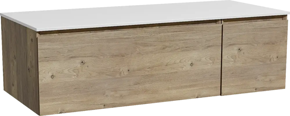 Storke Edge hängendes Möbelstück Set: 120 x 52 cm, Rohe Eiche, mit Tavola Einzel- oder Doppel Waschtischplatte, Solid Surface Weiß matt Letzte Chance