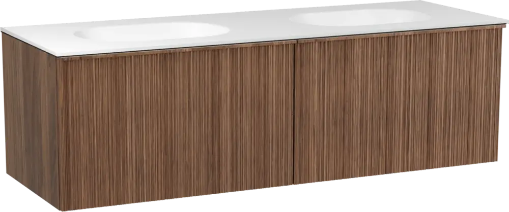 Heißes Angebot Balmani Forma hängendes Möbelstück Set: 150 x 55 cm, Amerikanischer Nussbaum, mit Tablo Oval Doppelwaschtisch, Solid Surface, Weiß matt, Vertikale asymmetrische Runde Rippe