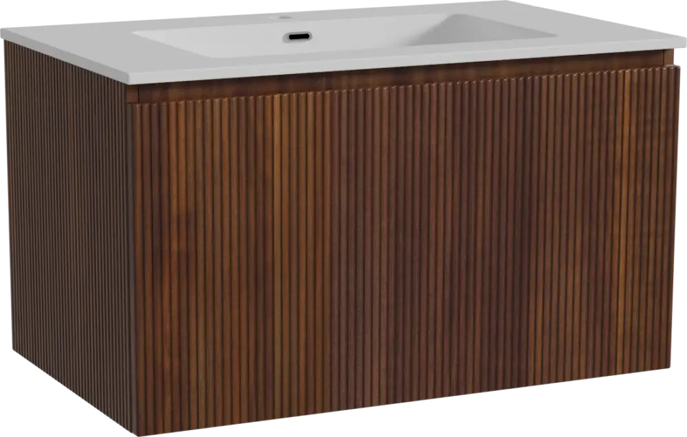 Mega-Angebot Storke Ribs hängendes Möbelstück Set: 85 x 52 cm, Nussbaum, mit Diva Einzelwaschtisch, Marmorkomposit, Weiß glänzend, Vertikale symmetrische gerade Rippe