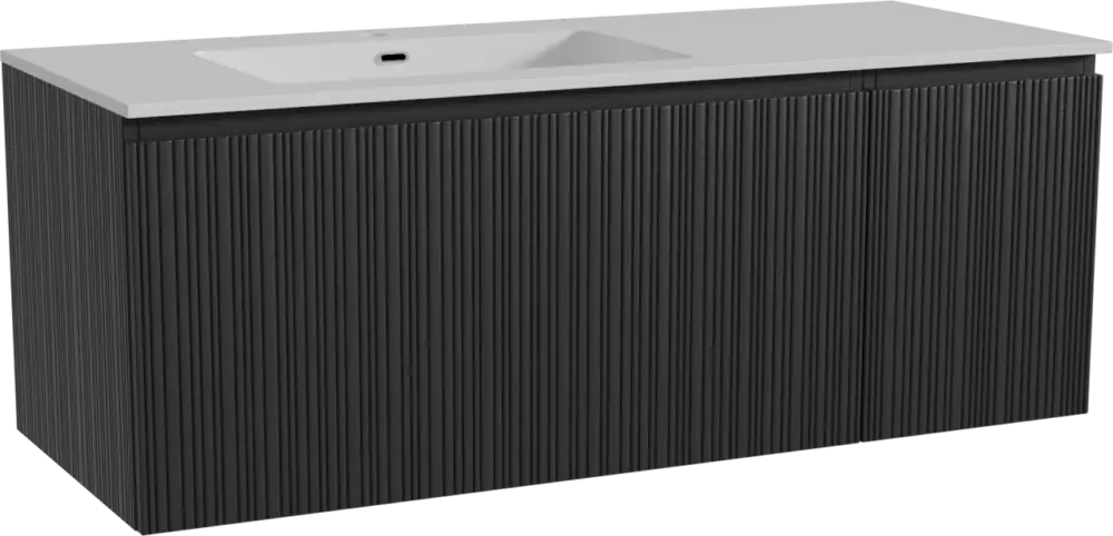 Kracherpreis Storke Ribs hängendes Möbelstück Set: 130 x 52 cm, Schwarze Eiche, mit Diva Waschtisch links, Marmorkomposit, Weiß glänzend, Vertikale asymmetrische gerade Rippe