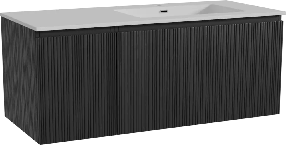 Top-Preis Storke Ribs hängendes Möbelstück Set: 120 x 52 cm, Schwarze Eiche, mit Diva Waschtisch rechts, Marmorkomposit, Weiß glänzend, Vertikale asymmetrische gerade Rippe