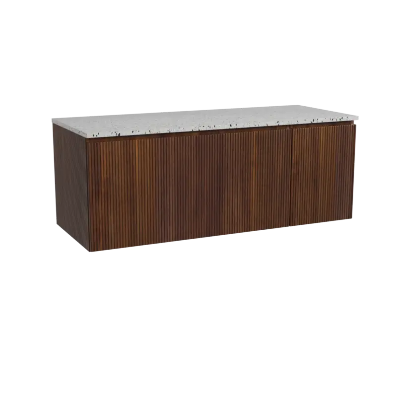 Storke Ribs hängendes Möbelstück Set: 130 x 52 cm, Nussbaum, mit Tavola Einzel- oder Doppel Waschtischplatte, Terrazzo in Weiß/Schwarz matt, Vertikale symmetrische gerade Rippe Markenware