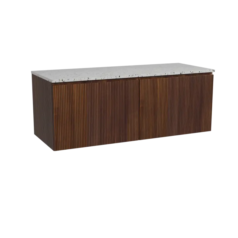 Abverkauf Storke Ribs hängendes Möbelstück Set: 130 x 52 cm, Nussbaum, mit Tavola Einzel- oder Doppel Waschtischplatte, Terrazzo in Weiß/Schwarz matt, Vertikale symmetrische gerade Rippe