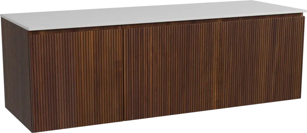 Storke Ribs hängendes Möbelstück Set: 150 x 52 cm, Nussbaum, mit Tavola Einzel- oder Doppel Waschtischplatte, Solid Surface, Weiß matt, Vertikale symmetrische gerade Rippe Solange Der Vorrat Reicht