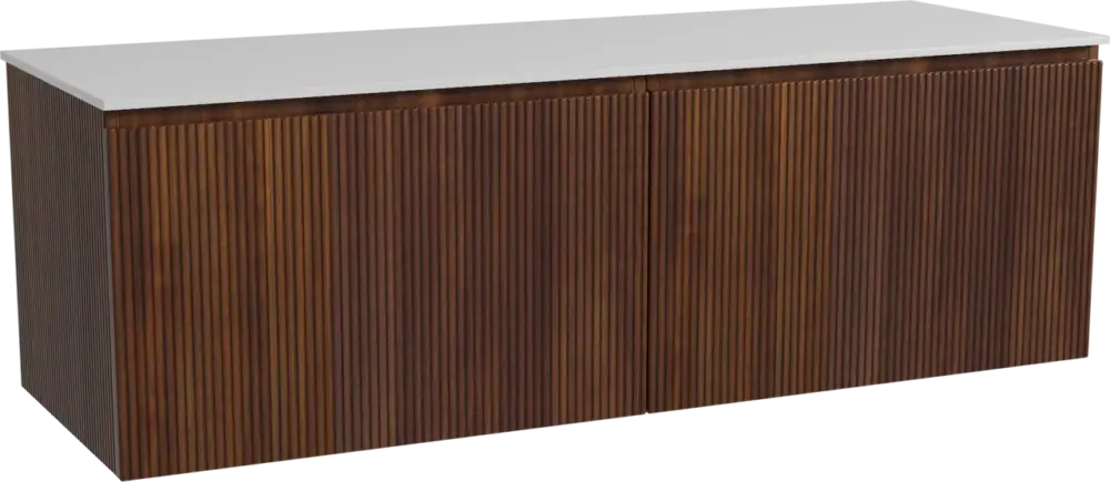 Letzte Chance Storke Ribs hängendes Möbelstück Set: 150 x 52 cm, Nussbaum, mit Tavola Einzel- oder Doppel Waschtischplatte, Solid Surface, Weiß matt, Vertikale symmetrische gerade Rippe
