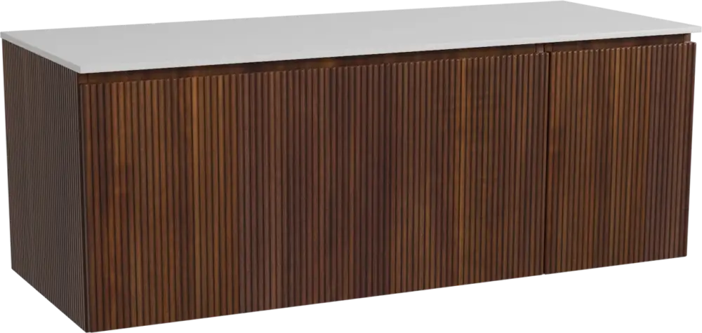 Storke Ribs hängendes Möbelstück Set: 130 x 52 cm, Nussbaum, mit Tavola Einzel- oder Doppel Waschtischplatte, Solid Surface, Weiß matt, Vertikale symmetrische gerade Rippe Neue Kollektion