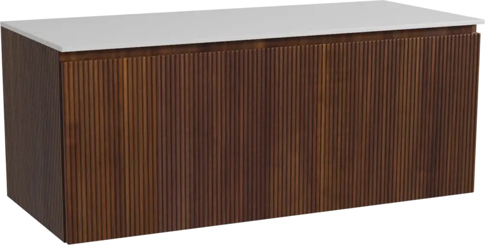 Storke Ribs hängendes Möbelstück Set: 120 x 52 cm, Nussbaum, mit Tavola Einzel- oder Doppel Waschtischplatte, Solid Surface, Weiß matt, Vertikale symmetrische gerade Rippe Zertifiziert