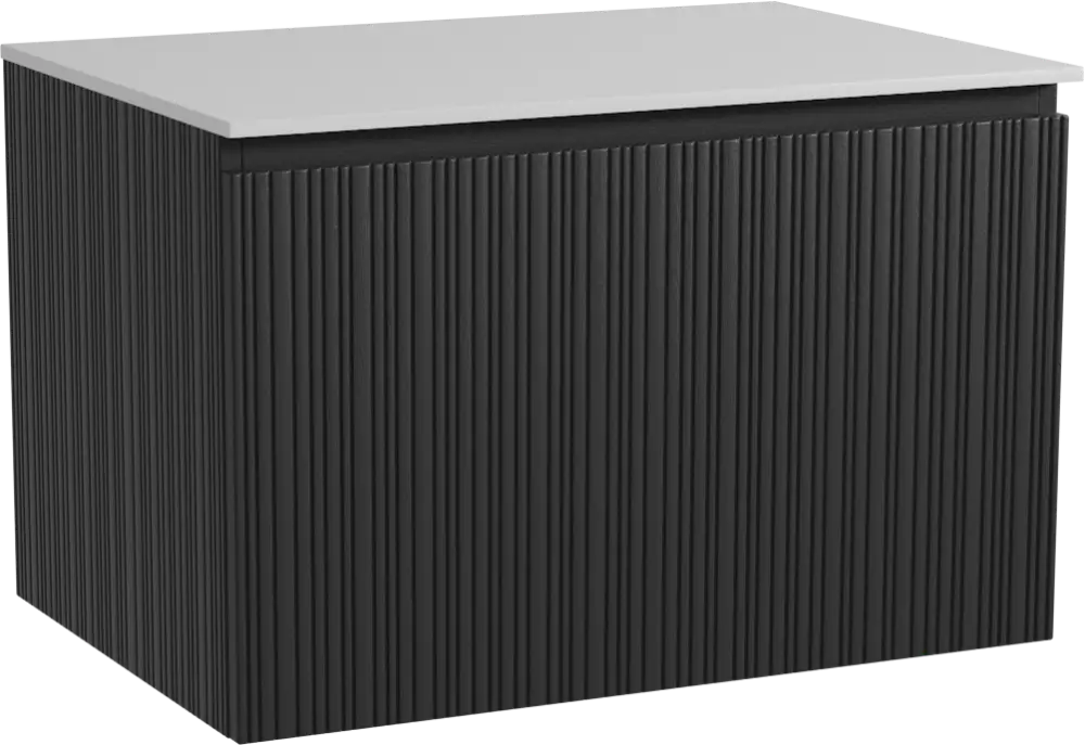 Storke Ribs hängendes Möbelstück Set: 75 x 52 cm, Schwarze Eiche, mit Tavola Einzel Waschtischplatte, Solid Surface, Weiß matt, Vertikale asymmetrische gerade Rippe Bestseller