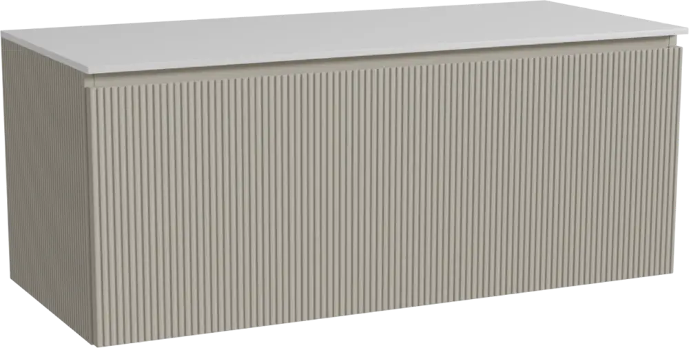Storke Ribs hängendes Möbelstück Set: 120 x 52 cm, Seidengrau, mit Tavola Einzel- oder Doppel Waschtischplatte, Solid Surface, Weiß matt, Vertikale symmetrische gerade Rippe Markenprodukt