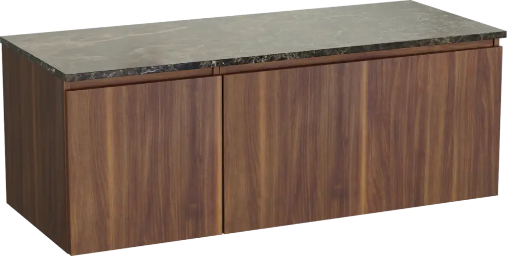 Preisreduziert Balmani Sfera by Lucida hängendes Möbelstück Set: 135 x 55 cm, Amerikanischer Nussbaum, mit Stretto Einzel- oder Doppel Waschtischplatte, Marmor Dark Emperador