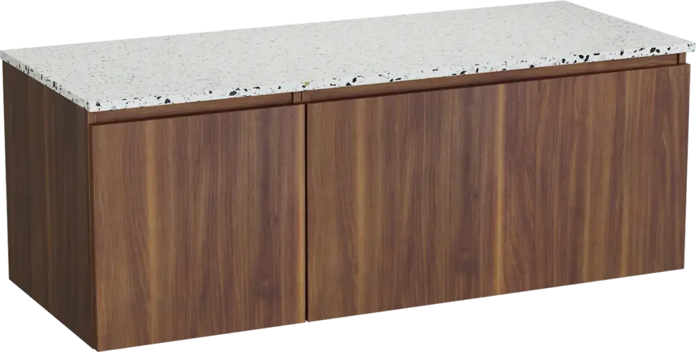 Balmani Sfera by Lucida hängendes Möbelstück Set: 135 x 55 cm, Amerikanischer Nussbaum, mit Stretto Einzel- oder Doppel Waschtischplatte, Terrazzo in Weiß/Schwarz matt Nur Heute