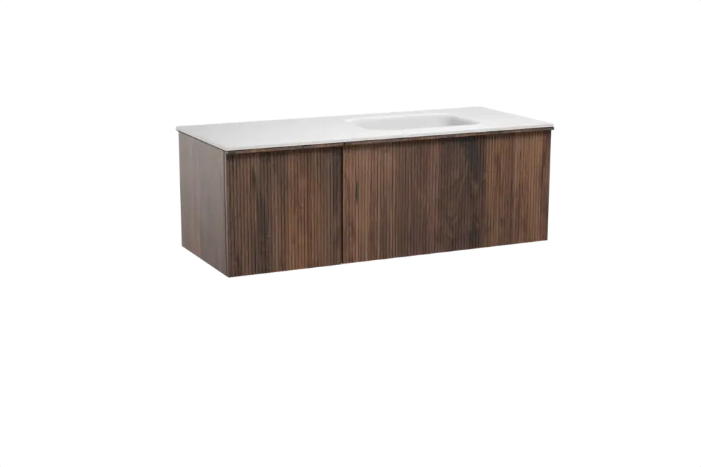 Angebot Balmani Forma hängendes Möbelstück Set: 135 x 55 cm, Amerikanischer Nussbaum, mit Tablo Arcato Waschtisch rechts, Solid Surface, Weiß matt, Vertikale symmetrische gerade Rippe