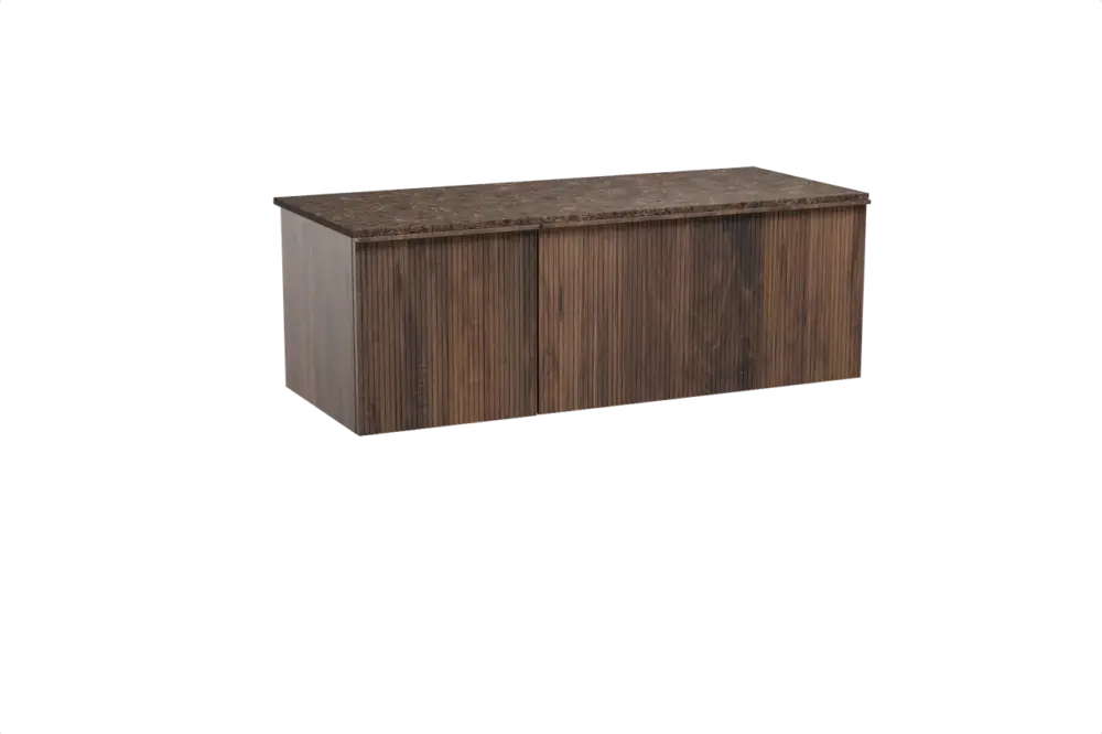 Markenprodukt Balmani Forma hängendes Möbelstück Set: 135 x 55 cm, Amerikanischer Nussbaum, mit Stretto Einzel- oder Doppel Waschtischplatte, Marmor, Dark Emperador, Vertikale symmetrische gerade Rippe