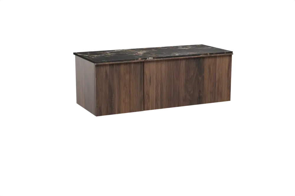 Sonderangebot Balmani Forma hängendes Möbelstück Set: 135 x 55 cm, Amerikanischer Nussbaum, mit Stretto Einzel- oder Doppel Waschtischplatte, Marmor, Portoro Gold, Vertikale symmetrische gerade Rippe