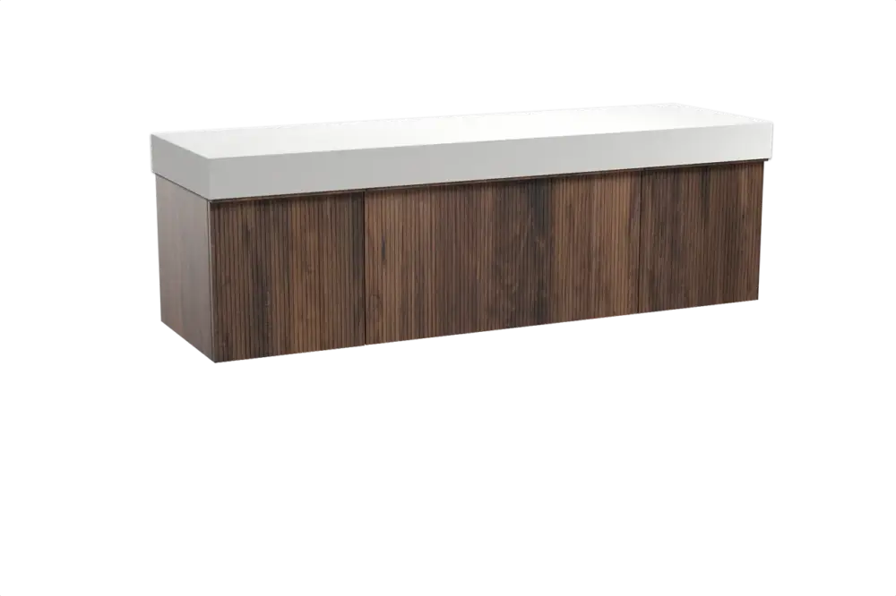 Sonderangebot Balmani Forma hängendes Möbelstück Set: 180 x 55 cm, Amerikanischer Nussbaum, mit Dominus Einzel- oder Doppel Waschtischplatte, Solid Surface, Weiß matt, Vertikale symmetrische gerade Rippe