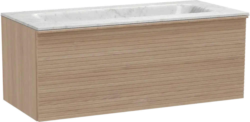 Balmani Forma hängendes Möbelstück Set: 120 x 55 cm, Naturbelassene Eiche, mit Tablo Arcato Einzelwaschtisch, Marmor, Carrara, Horizontale symmetrische gerade Rippe Direkt Vom Hersteller