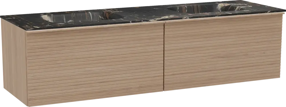 Bestseller Balmani Forma hängendes Möbelstück Set: 180 x 55 cm, Naturbelassene Eiche, mit Tablo Arcato Doppelwaschtisch, Marmor, Portoro Gold, Horizontale symmetrische gerade Rippe