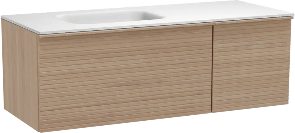 Balmani Forma hängendes Möbelstück Set: 135 x 55 cm, Naturbelassene Eiche, mit Tablo Arcato Waschtisch links, Solid Surface, Weiß matt, Horizontale symmetrische gerade Rippe Bestseller