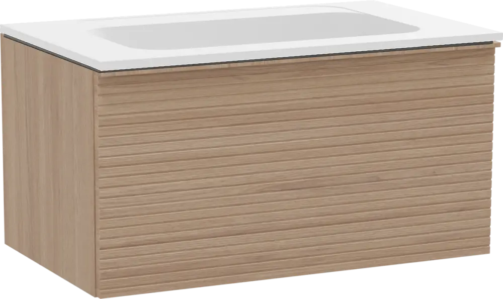 Markenware Balmani Forma hängendes Möbelstück Set: 90 x 55 cm, Naturbelassene Eiche, mit Tablo Strada Einzelwaschtisch, Marmorkomposit, Weiß matt, Horizontale symmetrische gerade Rippe