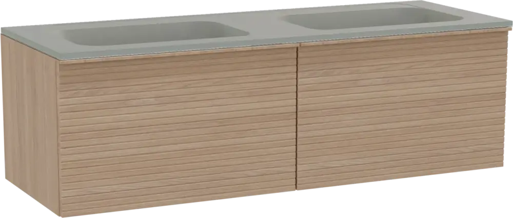 Balmani Forma hängendes Möbelstück Set: 150 x 55 cm, Naturbelassene Eiche, mit Tablo Strada Doppelwaschtisch, Marmorkomposit, Seidengrau, Horizontale symmetrische gerade Rippe Neue Ware