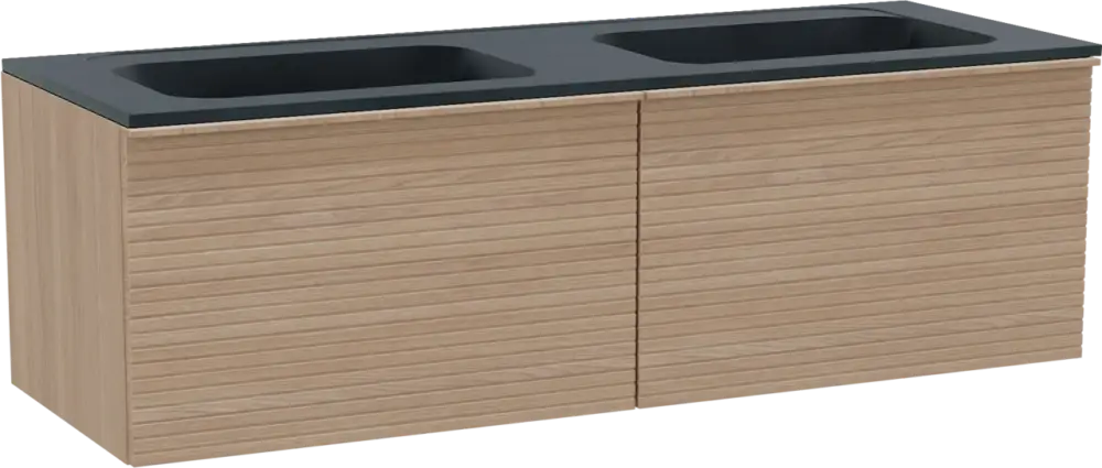 Finale Aktion Balmani Forma hängendes Möbelstück Set: 150 x 55 cm, Naturbelassene Eiche, mit Tablo Strada Doppelwaschtisch, Marmorkomposit, Schwarz matt, Horizontale symmetrische gerade Rippe