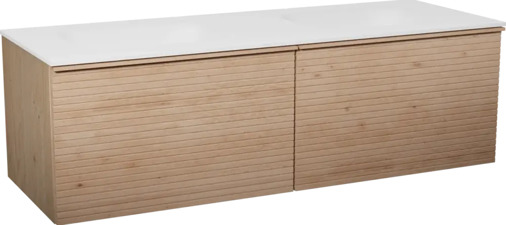 Geprüft Balmani Forma hängendes Möbelstück Set: 150 x 55 cm, Naturbelassene Eiche, mit Tablo Arcato Doppelwaschtisch, Solid Surface, Weiß matt, Horizontale symmetrische gerade Rippe
