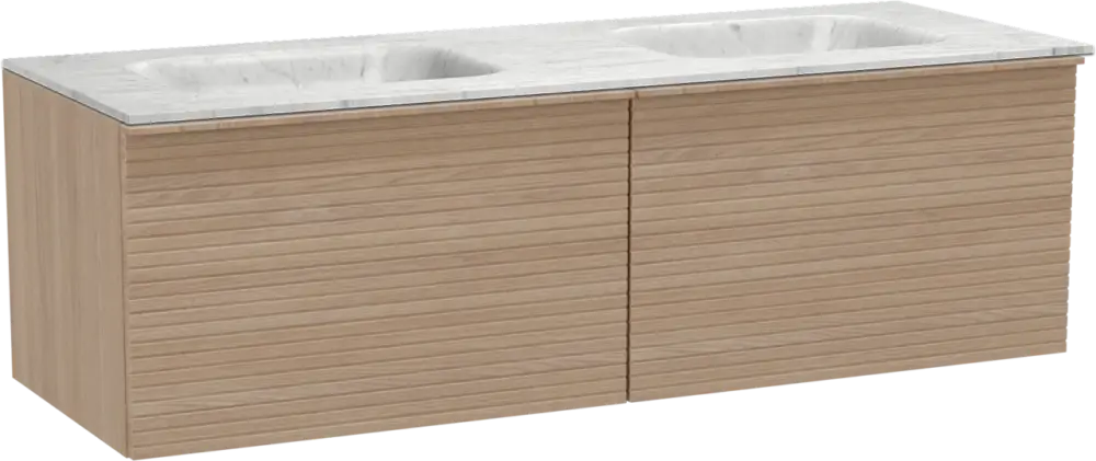 Top-Angebot Balmani Forma hängendes Möbelstück Set: 150 x 55 cm, Naturbelassene Eiche, mit Tablo Arcato Doppelwaschtisch, Marmor, Carrara, Horizontale symmetrische gerade Rippe