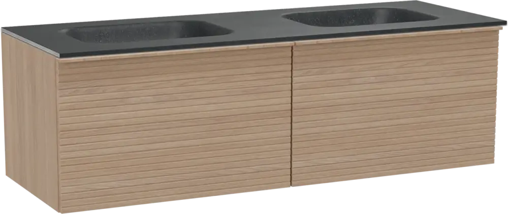 Balmani Forma hängendes Möbelstück Set: 150 x 55 cm, Naturbelassene Eiche, mit Tablo Arcato Doppelwaschtisch, Granit, Schwarzes Granit, Horizontale symmetrische gerade Rippe Online Kaufen