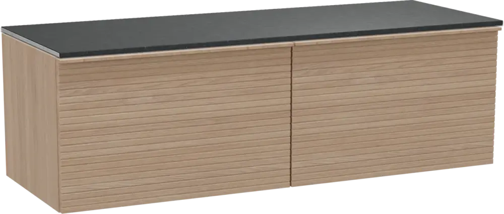 Preis Gesenkt Balmani Forma hängendes Möbelstück Set: 150 x 55 cm, Naturbelassene Eiche, mit Stretto Einzel- oder Doppel Waschtischplatte, Granit, Schwarzes Granit, Horizontale symmetrische gerade Rippe