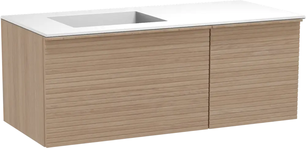 Meistverkauft Balmani Forma hängendes Möbelstück Set: 120 x 55 cm, Naturbelassene Eiche, mit Tablo Stretto Waschtisch links, Solid Surface, Weiß matt, Horizontale symmetrische gerade Rippe