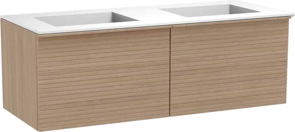 Nur Für Kurze Zeit Balmani Forma hängendes Möbelstück Set: 135 x 55 cm, Naturbelassene Eiche, mit Tablo Stretto Doppelwaschtisch, Solid Surface, Weiß matt, Horizontale symmetrische gerade Rippe