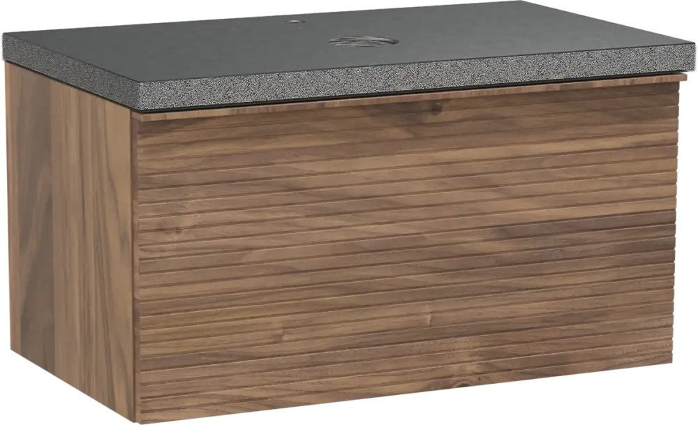 Expressversand Balmani Forma hängendes Möbelstück Set: 90 x 55 cm, Amerikanischer Nussbaum, mit Rock Einzel Waschtischplatte, Granit, Schwarzes Granit, Horizontale symmetrische gerade Rippe