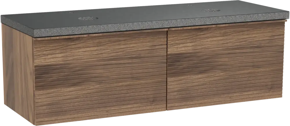 Sonderangebot Balmani Forma hängendes Möbelstück Set: 150 x 55 cm, Amerikanischer Nussbaum, mit Rock Doppel Waschtischplatte, Granit, Schwarzes Granit, Horizontale symmetrische gerade Rippe