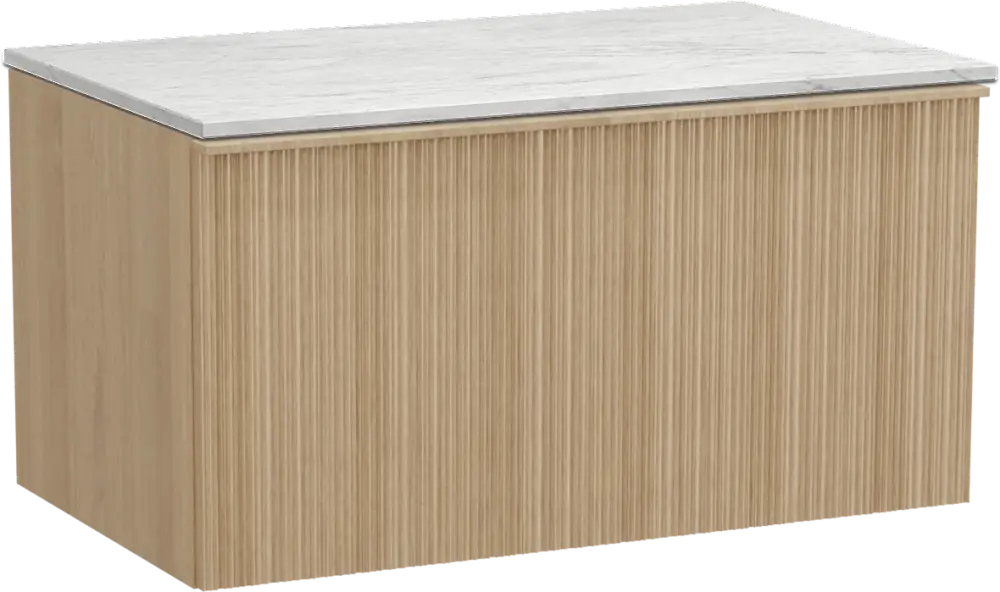 Billig Balmani Forma hängendes Möbelstück Set: 90 x 55 cm, Naturbelassene Eiche, mit Stretto Einzel Waschtischplatte, Marmor, Carrara, Vertikale asymmetrische Runde Rippe