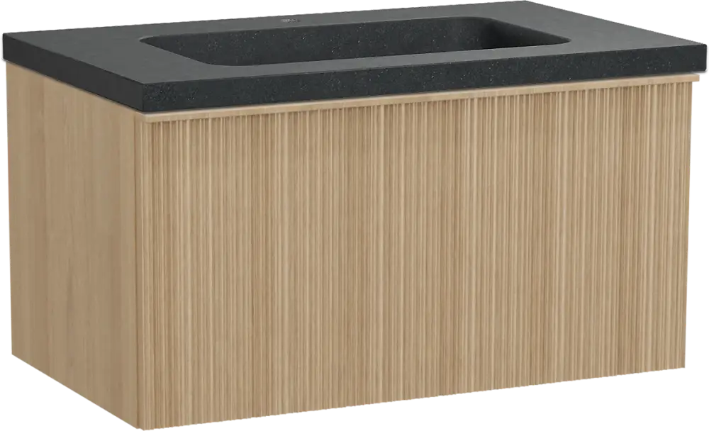 Preis Gesenkt Balmani Forma hängendes Möbelstück Set: 90 x 55 cm, Naturbelassene Eiche, mit Napoli Einzelwaschtisch, Granit, Schwarzes Granit, Vertikale asymmetrische Runde Rippe
