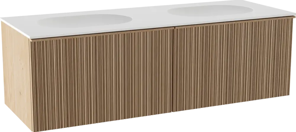 Jetzt Bestellen Balmani Forma hängendes Möbelstück Set: 150 x 55 cm, Naturbelassene Eiche, mit Tablo Oval Doppelwaschtisch, Solid Surface, Weiß matt, Vertikale asymmetrische Runde Rippe