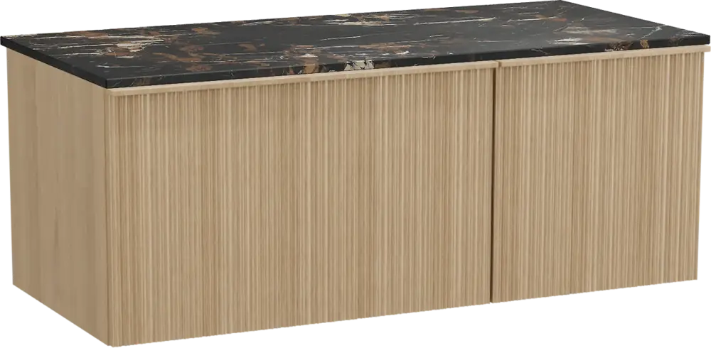 Top-Angebot Balmani Forma hängendes Möbelstück Set: 120 x 55 cm, Naturbelassene Eiche, mit Stretto Einzel Waschtischplatte, Marmor, Portoro Gold, Vertikale asymmetrische Runde Rippe