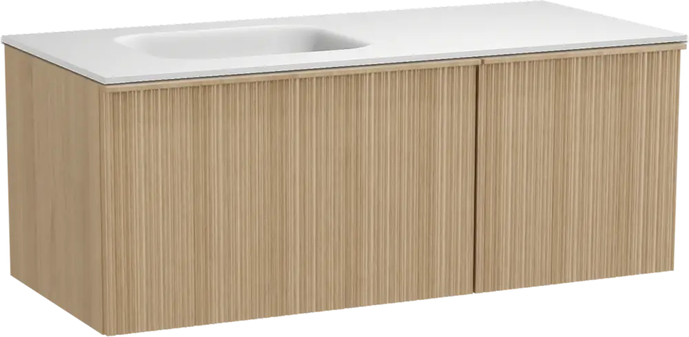 Top-Seller Balmani Forma hängendes Möbelstück Set: 120 x 55 cm, Naturbelassene Eiche, mit Tablo Arcato Waschtisch links, Solid Surface, Weiß matt, Vertikale asymmetrische Runde Rippe