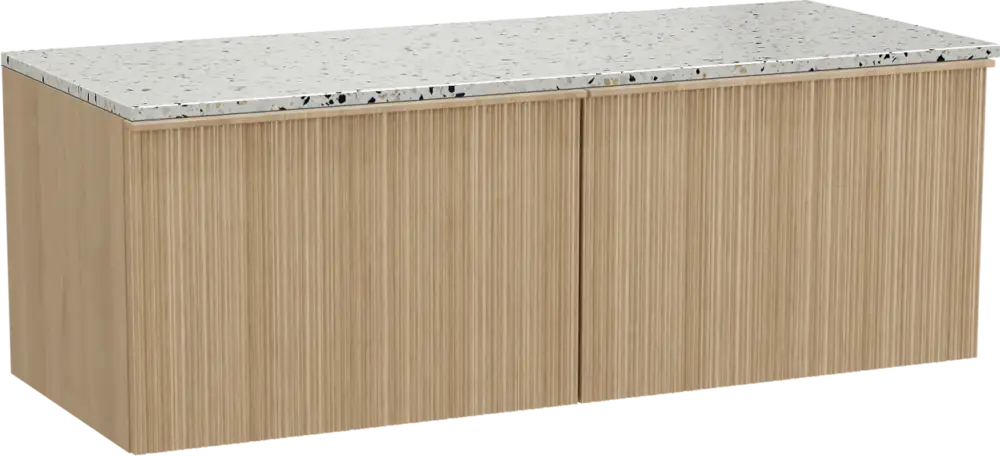 Preis Gesenkt Balmani Forma hängendes Möbelstück Set: 135 x 55 cm, Naturbelassene Eiche, mit Stretto Einzel- oder Doppel Waschtischplatte, Terrazzo in Weiß/Schwarz matt, Vertikale asymmetrische Runde Rippe